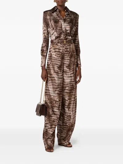 Elisabetta Franchi Alligator-print Buttoned Trousers In Brown