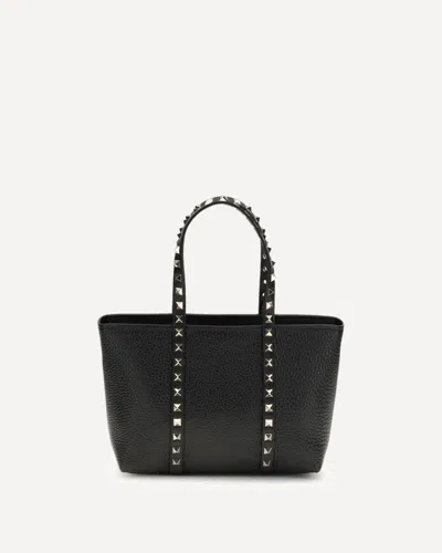 Valentino Rockstud Mini Tote In Hammered Leather In Black