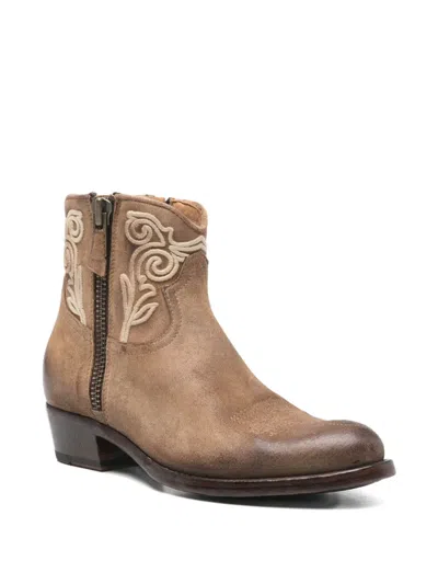 Damy Flower-embroidered Boots In Brown