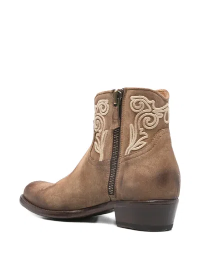Damy Flower-embroidered Boots In Brown