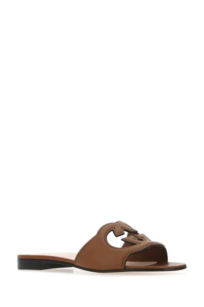 Gucci Interlocking G Cutout Leather Sandal In Brown