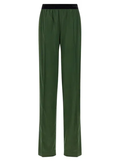 Tom Ford Green Pants With Elastic Waist With Logo Lettering In Silk Stretch Woman In Gray