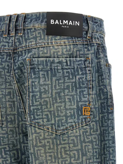 Balmain Monogram Denim Trousers All Over Pattern In Blue