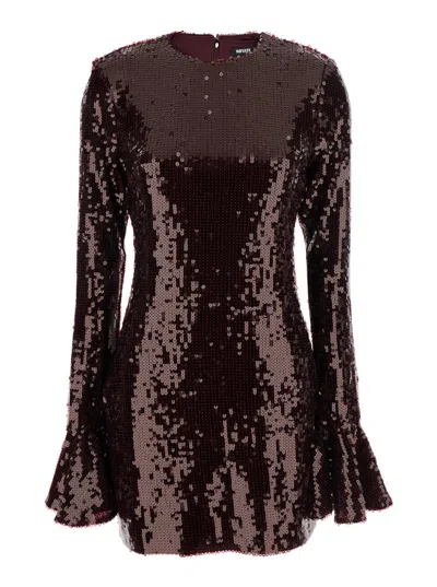 Rotate Birger Christensen Bordeaux Sequin Crewneck Mini Dress With Flared Sleeves In Tech Fabric Stretch Woman In Burgundy