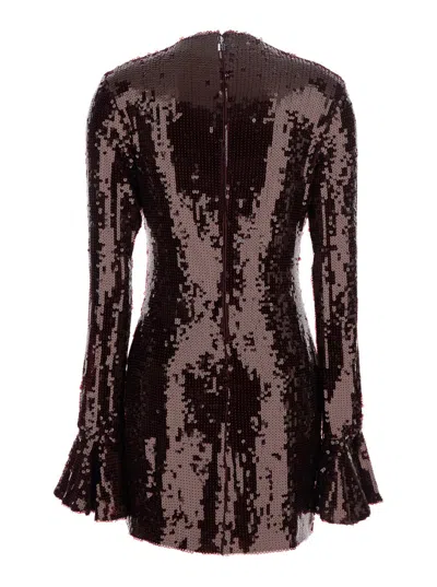 Rotate Birger Christensen Bordeaux Sequin Crewneck Mini Dress With Flared Sleeves In Tech Fabric Stretch Woman In Burgundy