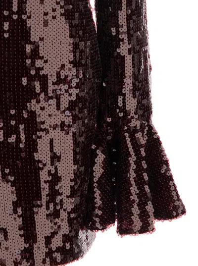 Rotate Birger Christensen Bordeaux Sequin Crewneck Mini Dress With Flared Sleeves In Tech Fabric Stretch Woman In Burgundy