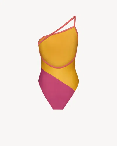 Saint Laurent One-shoulder Color-block Swimsuit In Yellow