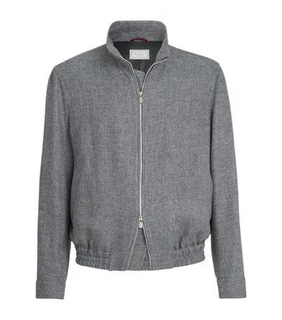 Brunello Cucinelli Stand Collar Hopsack Outerwear Jacket In Gray