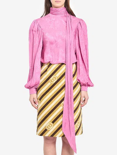 Gucci Silk Twill Shirt Neck Bow Rose Pattern In Pink
