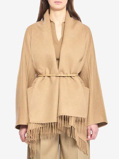 Max Mara Abilita Fringed Camel Hair Belted Cape Jacket In Brown