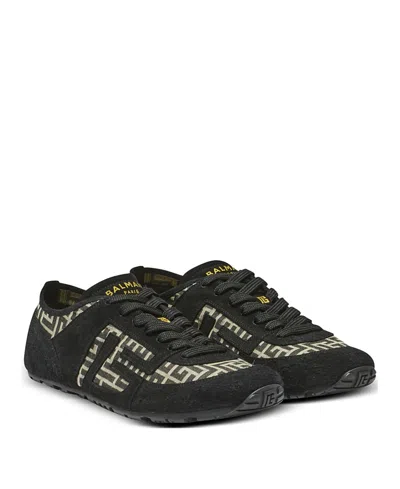 Balmain Racer 45 Monogram Jacquard Lace Up Sneakers In Black