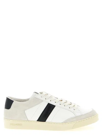 Tom Ford Panelled Suede And Grained Leather Sneakers In White