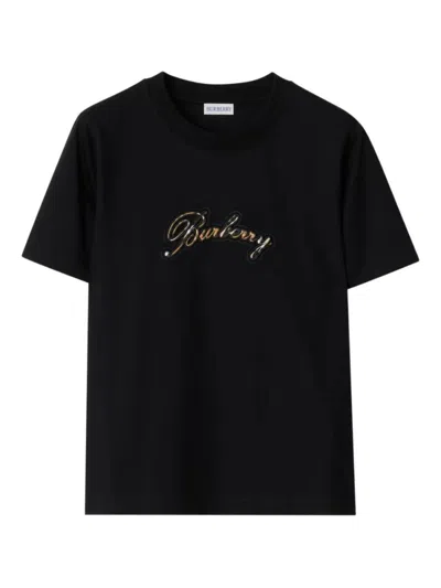 Burberry Check Cursive Logo Cotton T-shirt Clothing In Black