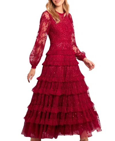 Needle & Thread Blossom Long Sleeve Lace Ankle Gown In Red