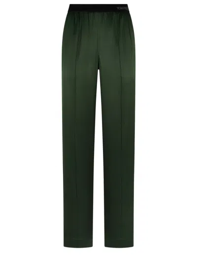 Tom Ford Green Pants With Elastic Waist With Logo Lettering In Silk Stretch Woman In Green