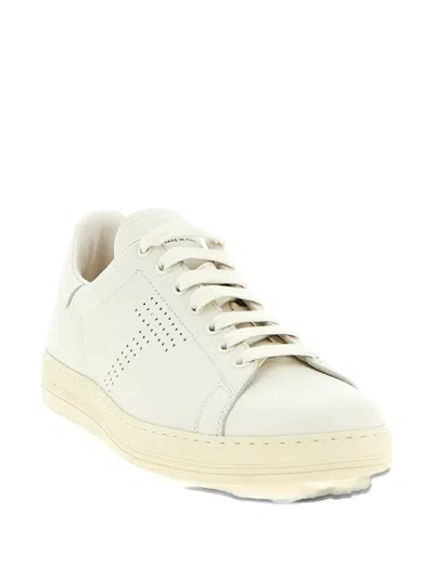 Tom Ford Perforated-logo Leather Sneakers In White