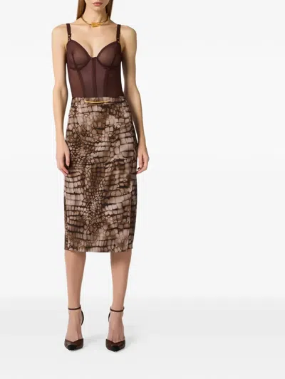 Elisabetta Franchi Alligator-patterned Midi Skirt In Brown