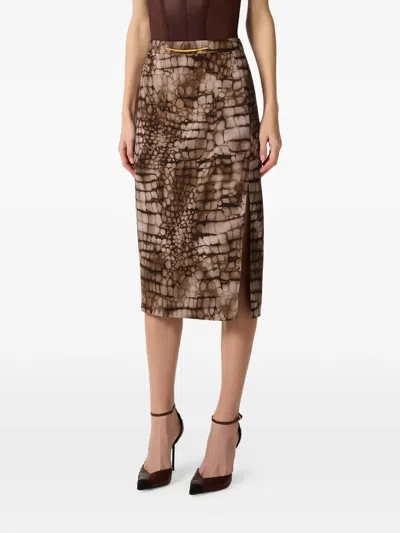 Elisabetta Franchi Alligator-patterned Midi Skirt In Brown