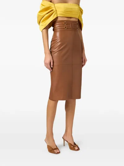 Elisabetta Franchi Leather Midi Skirt In Brown