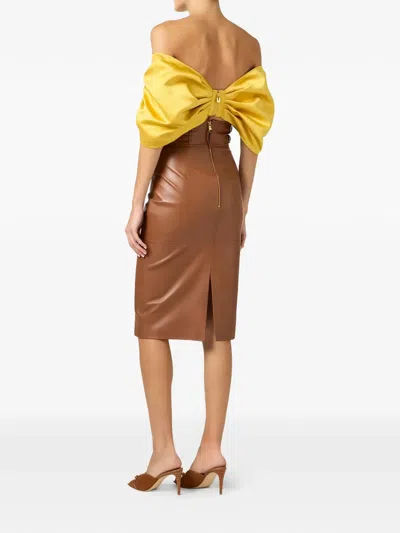 Elisabetta Franchi Leather Midi Skirt In Brown
