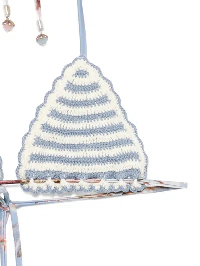 Zimmermann Womens Blue Stripe Awaken Crocheted Triangle Bikini Top In White