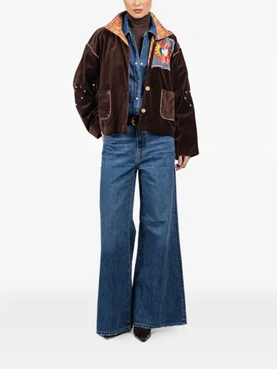 Fish Club Embroidery Patchwork Jacket In Brown