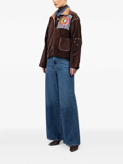 Fish Club Embroidery Patchwork Jacket In Brown