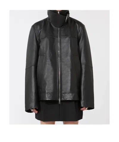 Sportmax Long-sleeved Leather Jacket In Black