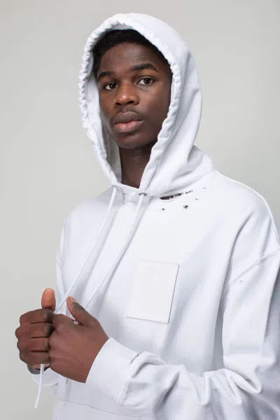 Raf Simons Destroyed Regular Fit Hoodie With R Print In White