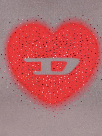 Diesel Slim T-shirt With Heart Print And Studs In Gray