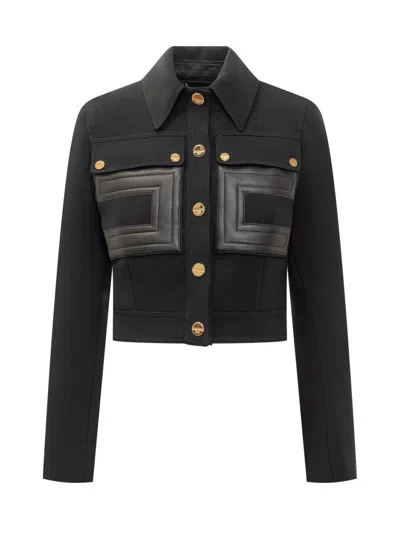 Elisabetta Franchi Jacket In Technical Fabric With Faux Leather Details In Black