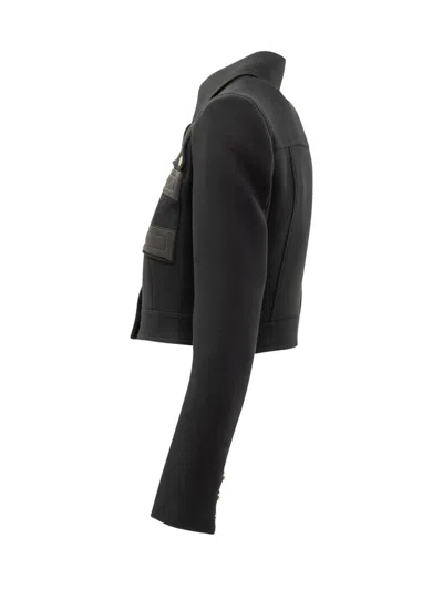 Elisabetta Franchi Jacket In Technical Fabric With Faux Leather Details In Black