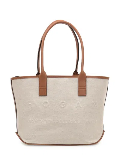 Hogan Address Small Shopping Bag In Beige Canvas In Red