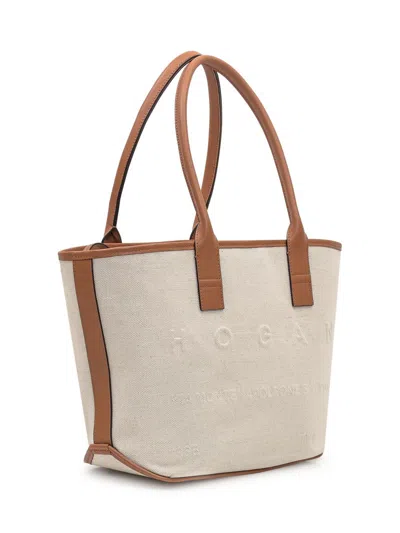 Hogan Address Small Shopping Bag In Beige Canvas In Red