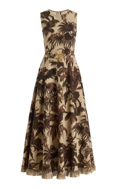 Oscar De La Renta Sleeveless Chine Palm-print Belted Midi Dress In Multi