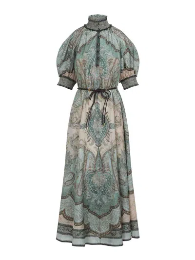 Zimmermann Womens Tapestry Teal Multi Wanderlust Billow Puffed-short-sleeves Silk Midi Dress In Gray