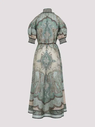 Zimmermann Womens Tapestry Teal Multi Wanderlust Billow Puffed-short-sleeves Silk Midi Dress In Gray