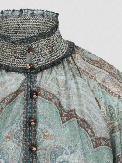 Zimmermann Womens Tapestry Teal Multi Wanderlust Billow Puffed-short-sleeves Silk Midi Dress In Gray