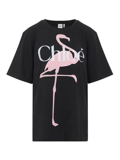 Chloé Women Black Crewneck T-shirt With Maxi Logo Print On The Front In Cotton Woman In Black