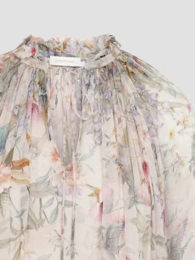 Zimmermann 'rebellion' Multicolor Blouse With Bow Detail On The Front And All-over Floral Motif In Viscose Woma