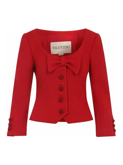 Valentino Womens Bow-embroidered Scoop-neck Tweed Jacket Paris In Red