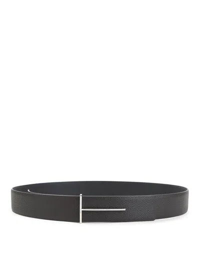 Tom Ford Dark Brown Reversible Textured Silver Buckle Belt In Metallic
