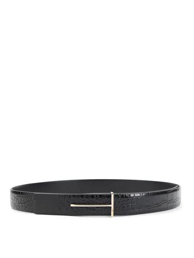 Tom Ford T-buckle Reversible Belt In Croc-embossed Leather In Gold