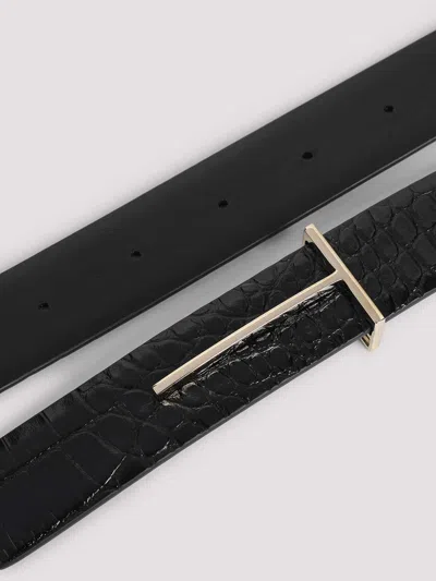 Tom Ford T-buckle Reversible Belt In Croc-embossed Leather In Gold