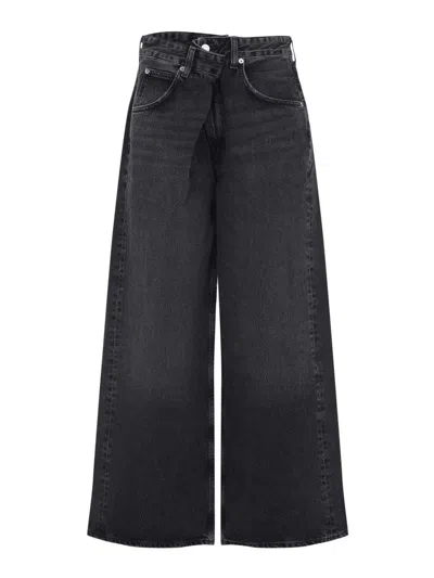 Agolde 'elson' Black Jeans With Double-layered Waist And Leather Details In Denim Woman