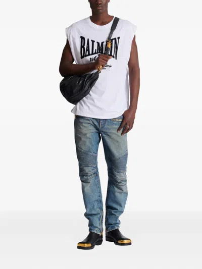 Balmain Biker Zip-pocket Cotton Jeans In Multi