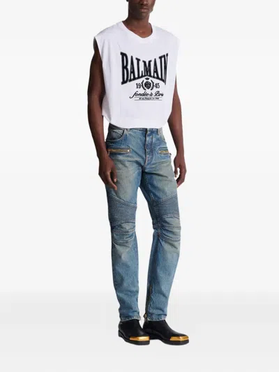 Balmain Biker Zip-pocket Cotton Jeans In Multi
