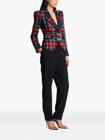 Balmain Belted Plaid Tweed Jacket In Multi