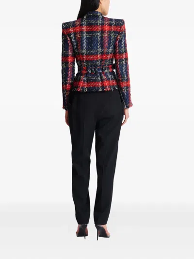 Balmain Belted Plaid Tweed Jacket In Multi