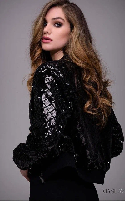Jovani M52082 Sequined Bomber Jacket In Black
